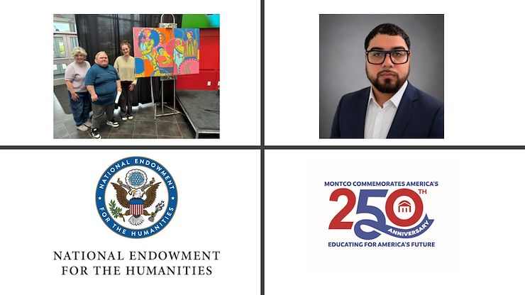 Montgomery County Community College students Rose Harrington and Chase Ryan Schaffer stand with Dr. Patricia McEnery, Assistant Dean of Liberal Arts, as they accept awards for their submissions in the College’s 250th U.S. Anniversary student mural design and writing contests, respectively. Student Emiliano Rosado Rivera (top right) placed first in the Declarations of Independence Writing and Reels Contest. Montgomery County Community College’s A “More Perfect Union”: Voices of the American Past, Present, and Future, a 250th U.S. Anniversary project, has been made possible in part by a major grant from the National Endowment for the Humanities. Photo by Eric Devlin