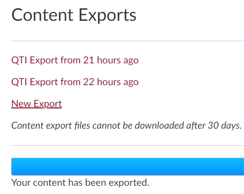 Content Exports list with New Export highlighted