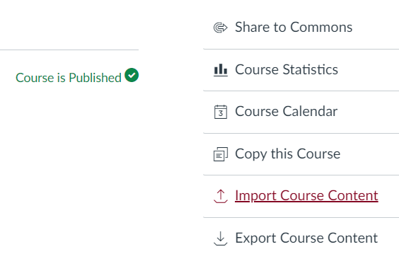 Content options menu with Import Course Content highlighted