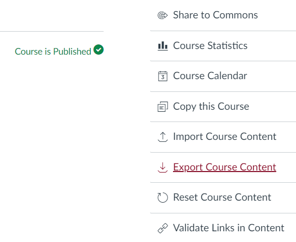 Content options menu with Export Course Content highlighted