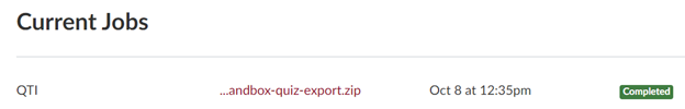 Completed QTI export listed under the Current Jobs section