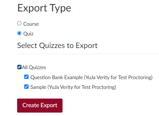 Export settings with Quiz selected for Export Type and All Quizzes selected Quizzes to Export