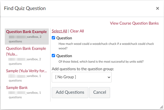 Find Quiz Question pop-up window with the created question bank selected on the left side-bar, and all questions selected in the questions section.