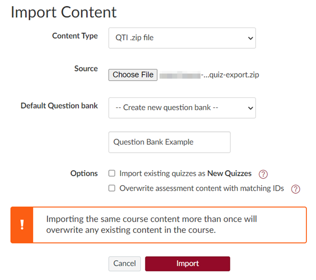 Import settings with the following settings: QTI .zip file as Content type. The quiz export.zip file as the Source. Create new question bank as the Default Question bank. Example name in the Question bank name field. And there are no options selected for Options