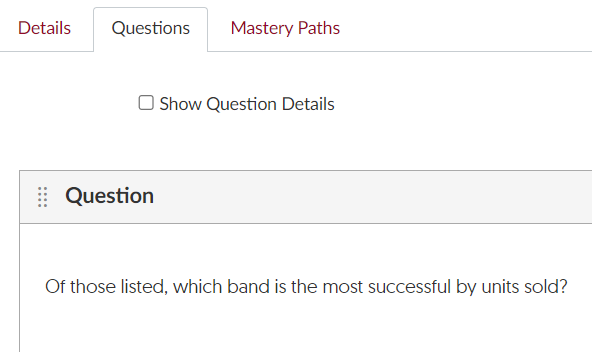 Create quiz questions tab with the added questions listed