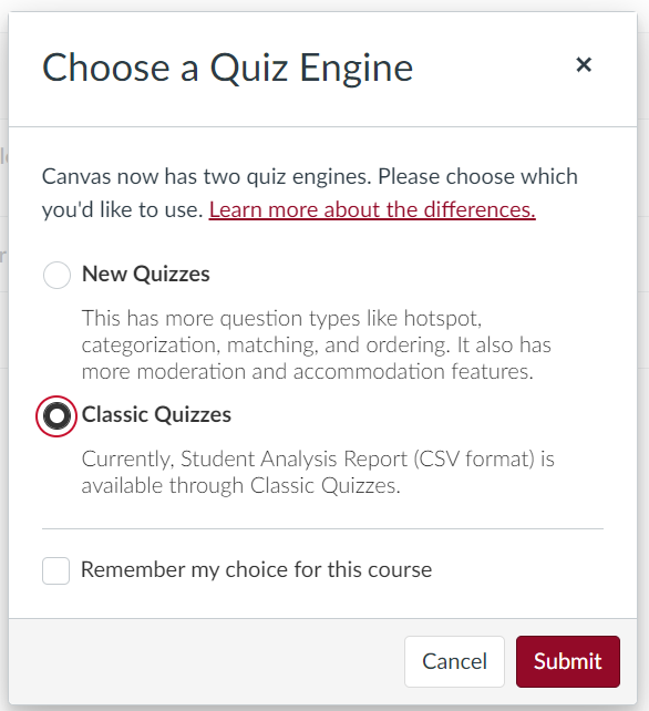 Selection of the Canvas Quiz Engine with Classic Quizzes selected