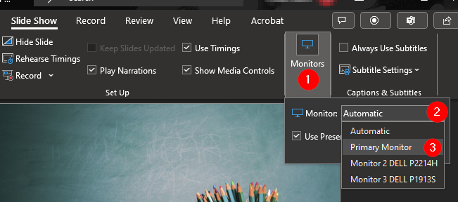 screenshot of powerpoint setting to change presentation monitor