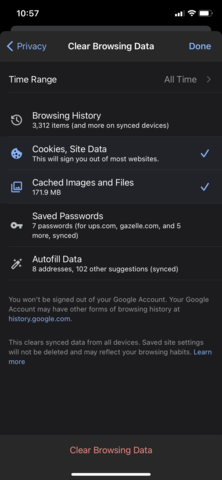 screenshot of the clear browsing data screen within google chrome for ios