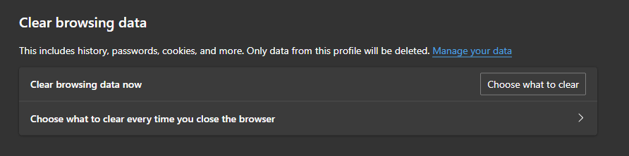 screenshot of the clear browsing data within privacy settings of Microsoft Edge