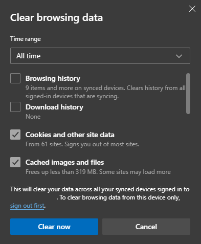 screenshot of the clear browsing data screen within microsoft edge