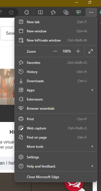 screenshot of the tools menu within microsoft edge