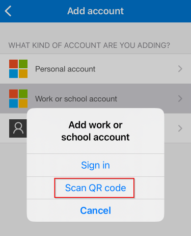 Scan QR code option in the app