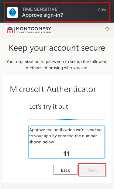 Approve sign-in push notification as well as the number to be entered in the app are displayed