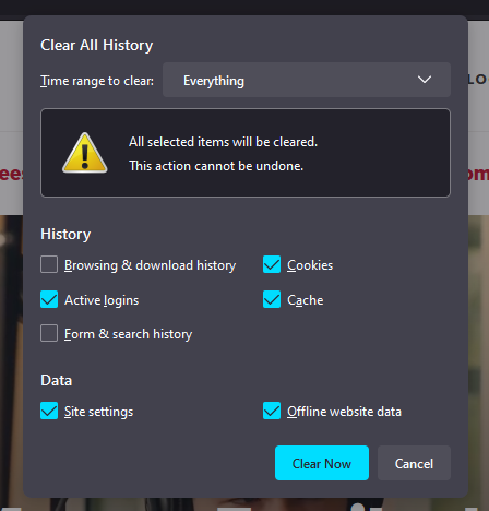 screenshot of the clear all history screen within firefox