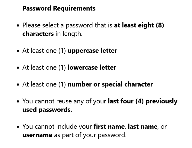 Password requirements