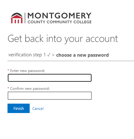 Set new password screen with enntry and confirmation fields.