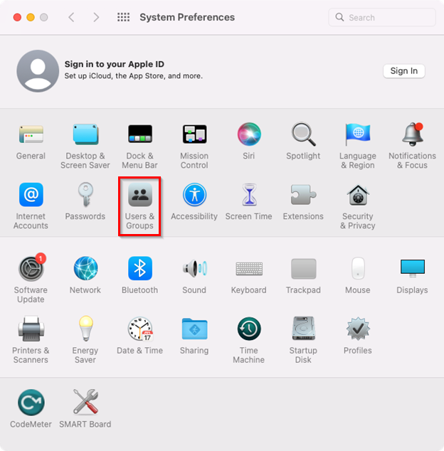 System preferences menu with Users & Groups highlighted