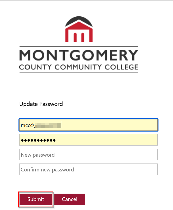 Update password screen