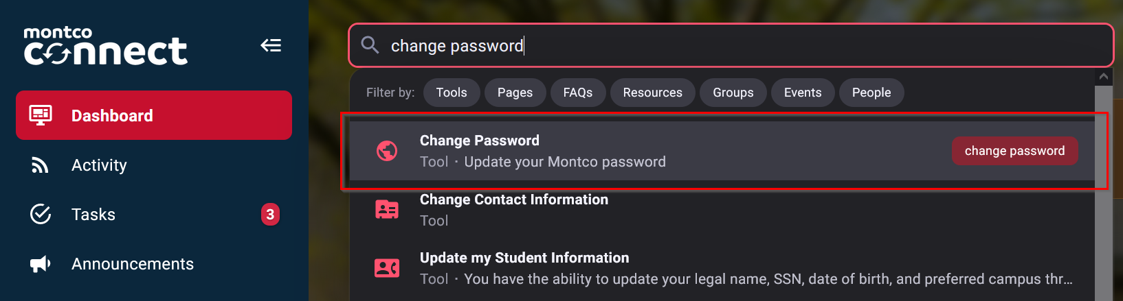 Search for change password tool in Connect portal