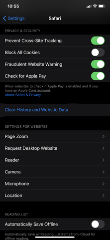 screenshot of the settings for ios safari