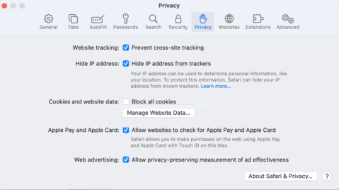 screenshot of the privacy screen within mac safari settings