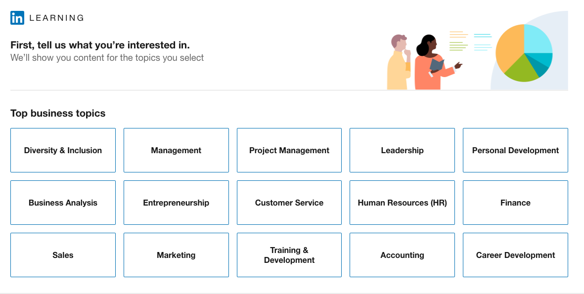 A grid detailing the different categories of videos available through Linkedin Learning.