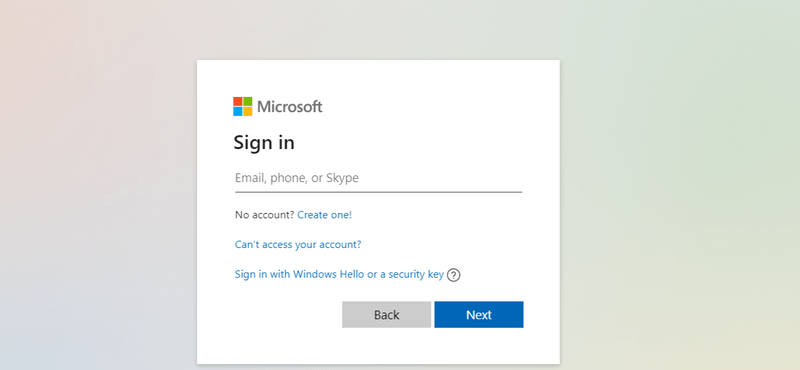 The Microsoft account login prompt. 