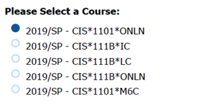 Image of radial button selection for student's courses