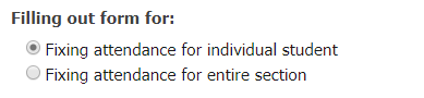 Image of radial button selection for individual student attendance