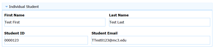 Image of form area to enter student information