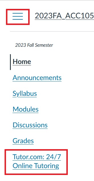 Tutor.com link in the Canvas sidebar menu