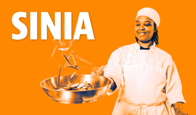 How Do You Montco - Sinia Image of Sinia tossing food in a pan with orange filter applied
