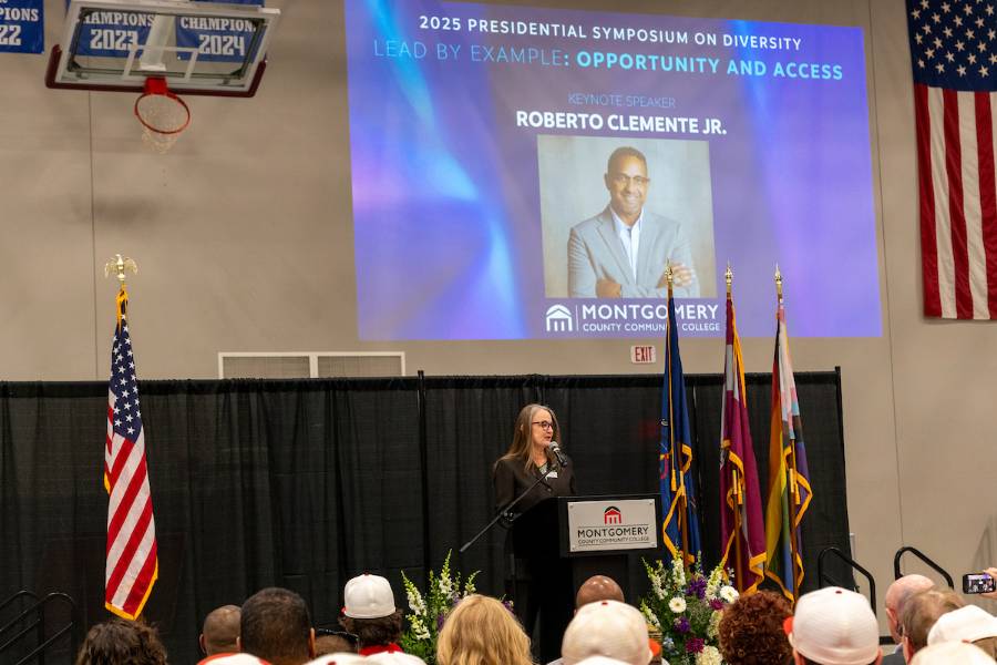 President Bastecki-Perez introducting 2025 keynote speaker Robert Clemente Jr.
