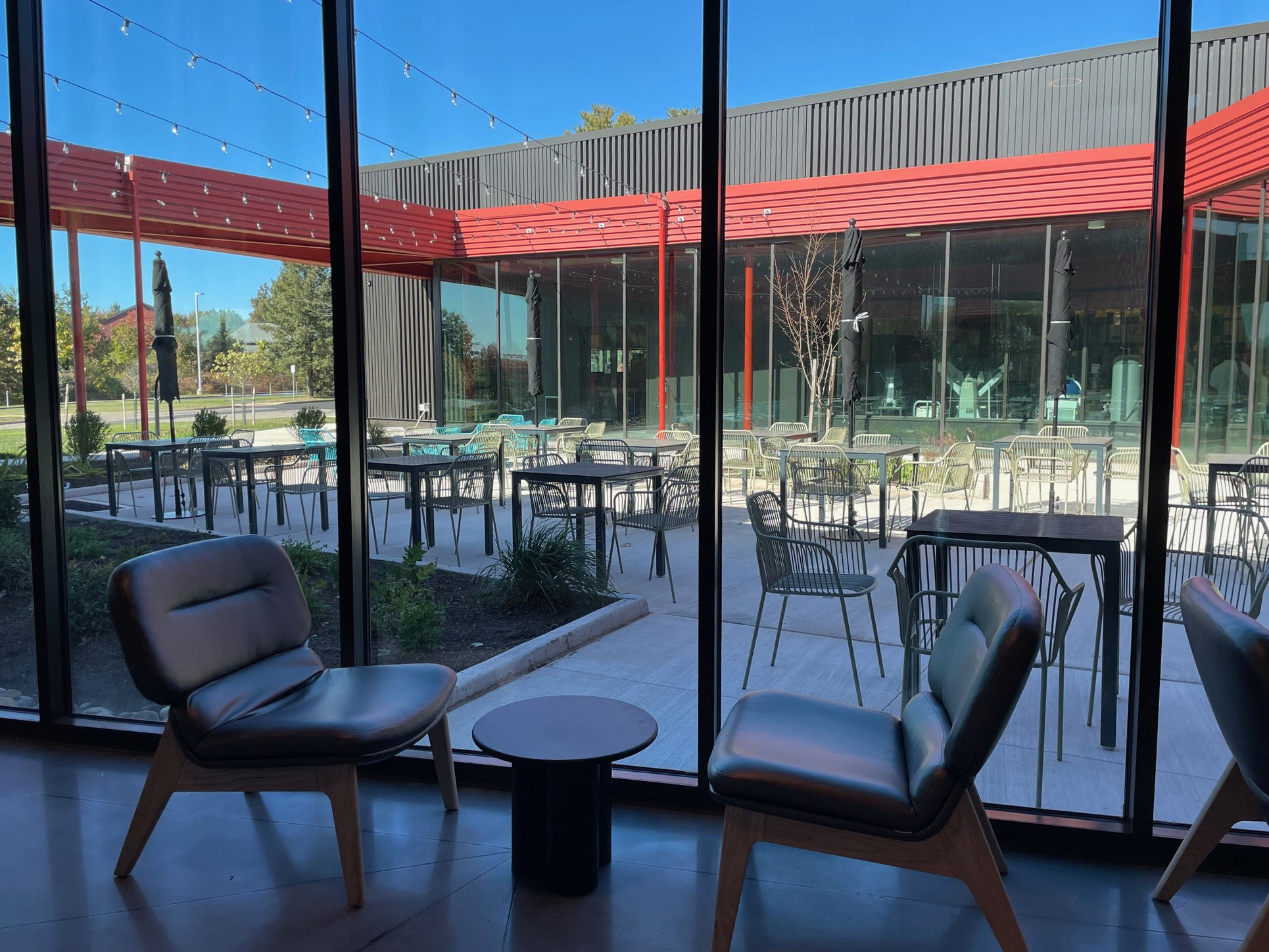 View of patio seating at the Hospitality Institute building