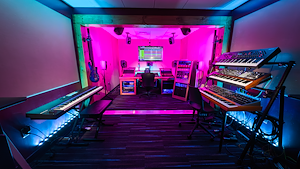 Wide shot of the Dolby Atmos mixing room