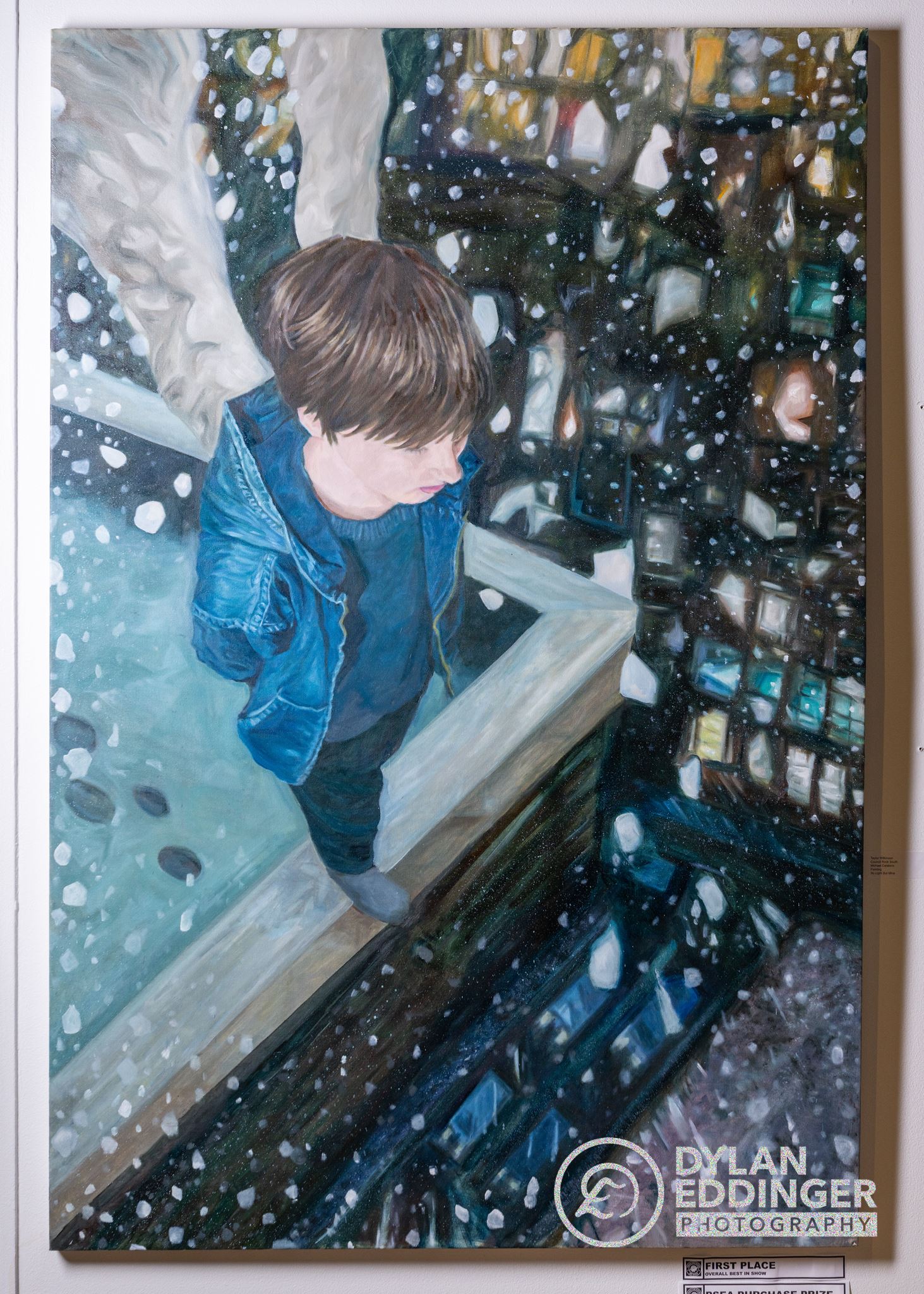 Oil on canvas artwork of man standing close the edge on top of a building. Artwork by Taylor Wilkinson of Council Rock HS South.