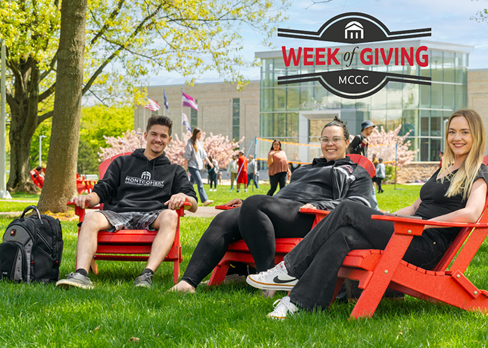 Three students sitting in chair on blue bell campus