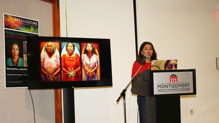 Artist and muralist Michelle Angela Ortiz talks about her career during a gallery talk in the Fine Arts Center Gallery at Central Campus in Blue Bell. Photo by Brenda Lange