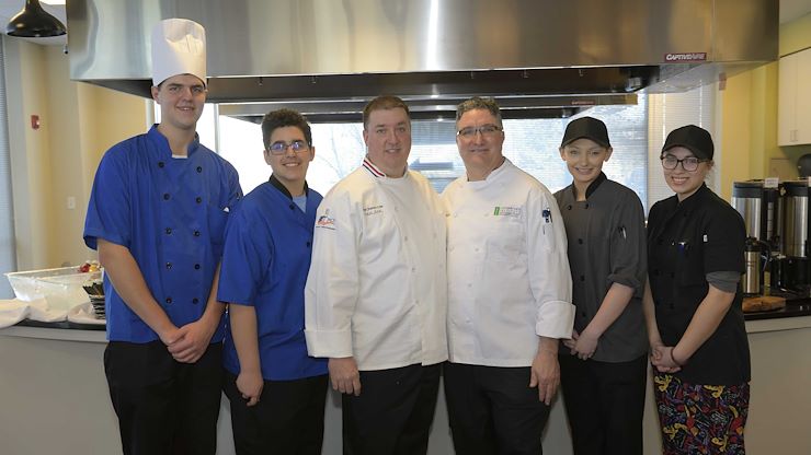 Five teams competed in The Culinary Arts Institute of Montgomery County Community College’s cooking competition on Feb. 8. The winning teams were Lindsey Rinehart and Amanda Schiaffino and Blake Dierkes and Joe Logan from North Montco Technical Career Center in Lansdale. They will compete in the final round of the competition at CAI’s open house on Saturday, April 6, 10 a.m. to noon to win a $1,200 scholarship and knife kits. Photo by David DeBalko