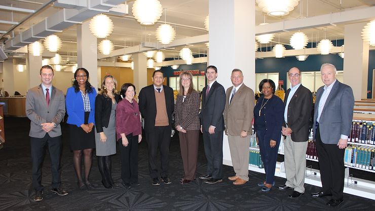 Pennsylvania Department of Education Deputy Secretary Dr. Noe Ortega and PDE Higher Education Specialist Mike Dotts recently visited Montgomery County Community College on Nov. 18. From left: Mike Bettinger, Director of Government Affairs and External Relations; Dr. Gloria Oikelome, Interim Vice President of Academic Affairs; Holly Ann Clayton, Executive Director of Marketing & Communications; Dr. Celeste Schwartz, Vice President of Information Technology and Chief Digital Officer; Deputy Secretary Dr. Noe Ortega; Dr. Victoria Bastecki-Perez, Interim President; Education Specialist Mike Dotts; Jay Browning, Vice President for Advancement; Dr. Michelle Brown, Executive Director of Enrollment Management; Phil Needles, Vice President of Student Services; Charles Somers, Vice President of Finance and Administration; and Therol Dix, J.D., Vice President of West Campus (not pictured). Photo by Amanda Conlan