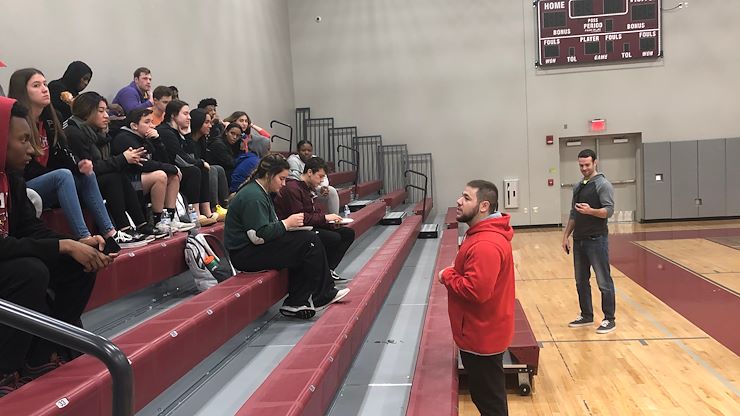 Mustangs Athletics welcomed Andrew Onimus to speak to student-athletes about mental health in the Health Sciences Center gym at the Central Campus in Blue Bell. Photo by Matthew Moorhead