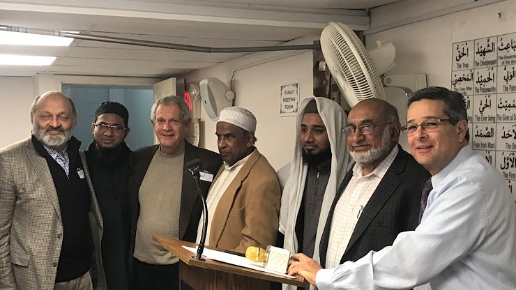 From left: Dr. Haroon Rashid, Imam Muzammil, North Penn Mosque; Communication Senior Lecturer Fred Goldstein; Shamsul Huda, Imam Ashraf, North Penn Mosque; Syed Afzal, President of North Penn Mosque; Rabbi Robert Leib, Senior Rabbi, Old York Road Temple Beth Am. Goldstein is one of the organizers of the Interfaith Cultural Awareness Week online March 7-13. Photo courtesy of Fred Goldstein.