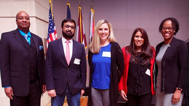 Montgomery County Community College's Liberal Arts Division faculty recently hosted a conference to discuss emerging trends and pedagogical changes that are transforming teaching and learning. From left, Dr. Timothy J. Brown, Dean of Liberal Arts; Assistant Professor Sanket Desai, History; Associate Professor Jennifer Mullen, First Year Experience/Strategies for College Success; Instructor Jeslin Mathew, Communication Studies; and Dr. Gloria Oikelome, Vice President for Academic Affairs. Photos by Amanda Powers