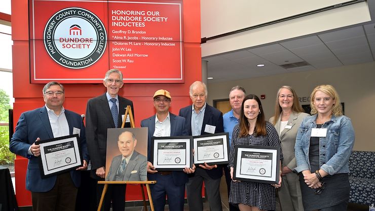 Montgomery County Community College honored several former Foundation board members - Geoffrey D. Brandon, the late Alma Jacobs, the late Dolores Lare, John W. Lea, Dekwan Akil Morrow and Scott W. Rau - and their many contributions to the College through their induction on June 16 into the new Dundore Society, which was named after the late Dwight A. Dundore, the first Chair of the Foundation Board. Photos by David DeBalko