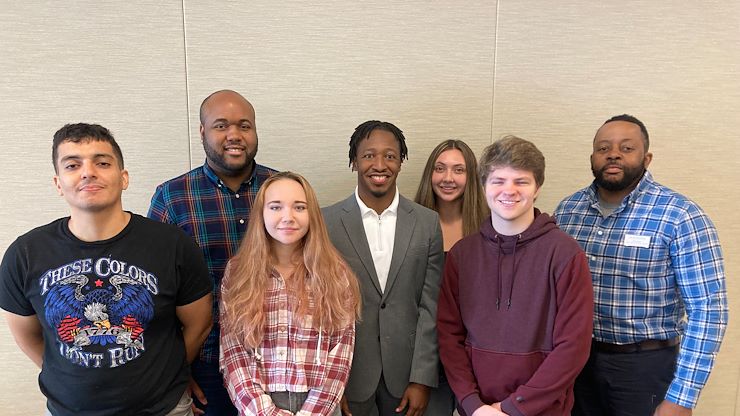 W.W. Smith Charitable Trust scholarship recipients Alexis Daley, Katelyn Farabelli, Emonn Sailes, Sam Sharoud and Anthony Wilson, stand with Brian Jones, a senior program officer at the W.W. Smith Charitable Trust, and Donald Smith, Associate Director of Foundation Relations. W.W. Smith gave $67,000 in scholarships to 23 Montco students this year. Photos by Eric Devlin.