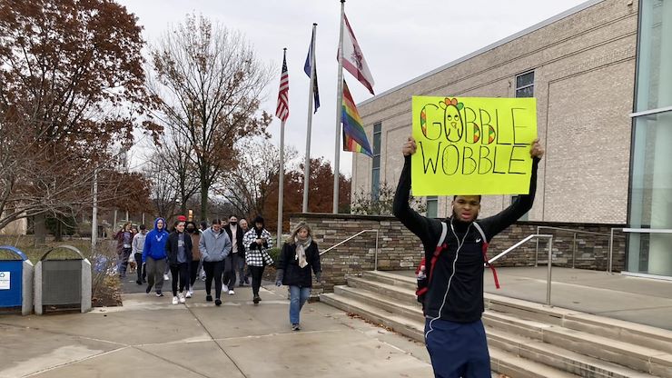 Exercise Science and Wellness students during the 2021 Gobble Wobble walk fundraiser. This year's One Step at a Time walk will benefit the One Day at a Time nonprofit organization, serving low-income and homeless men and women and their families in the Philadelphia area who are afflicted by addiction and HIV/AIDS. Photos by Eric Devlin