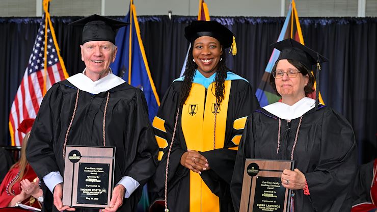 Psychology Senior Lecturer Susan Lawrence (right) stands with Dr. Chae Sweet, Vice President of Academic Affairs, and Management Senior Lecturer Thomas Costello. Lawrence and Costello were named recipients of the Part-Time Faculty Teaching Excellence Award, sponsored by the eCampus Bookstore. Photo by Dave DeBalko.