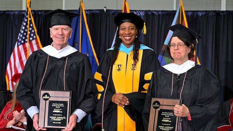 Management Senior Lecturer Tom Costello Jr. stands with Dr. Chae Sweet, Vice President of Academic Affairs and Psychology Senior Lectuter Susan Lawrence. Costello was named a recipient of the Part-time Faculty Teaching Excellence Award. Photo by Dave DeBalko.