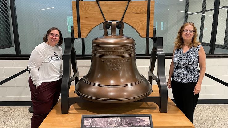 The Justice Bell Replica arrived at Montgomery County Community College's Pottstown Campus on Aug. 5. The symbolic bell and related programs will help to promote civic engagement and voting. Nicole Maugle, MCCC Director of Libraries (left) coordinated the arrival and display of the bell with Amanda Owen (right), Executive Director of the Justice Bell Foundation. Photo by Diane VanDyke