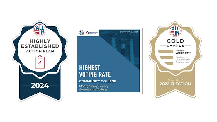 Montgomery County Community College was recently recognized by ALL IN Campus Democracy Challenge for having the highest voter turnout for a two-year institution in Pennsylvania in the 2022 midterm elections. In addition, the College earned ALL IN's Gold Seal based on its campus voting rate of 40-49% and the Highly Established Action Plan for the 2024 election cycle.